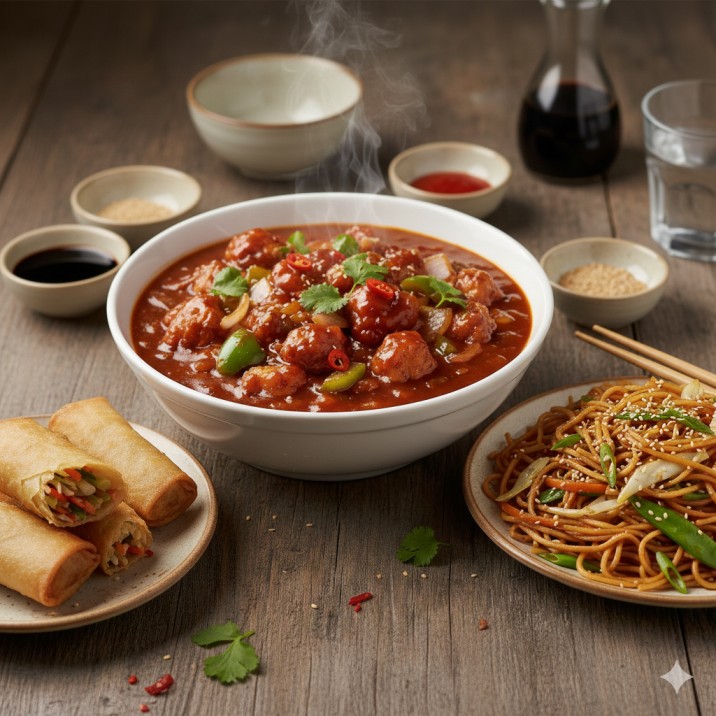 Veg Noodles and Chilli Paneer and Spring Roll